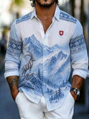Herren-Longsleeve-Shirt aus Waffelstrick mit Alpenmuster