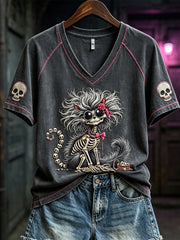 Damen-Gothic-Katzen-T-Shirt mit Skelett-Print und flauschiger Optik, kurzärmelig