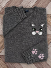 Damen Vintage Lovely Cat Face & Paw Prints Rundhals pullover