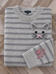 Damen Vintage Lovely Tabby Cat Gesicht & Pfote Print Rundhals pullover
