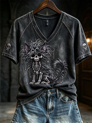 Frauen Gothic Fuzzy Skelett Katze Print kurz ärmel iges T-Shirt