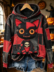 Damen-Halloween-Kapuzenpullover mit gruseligem, genähtem Monster, Color-Block-Patchwork-Print und kuscheliger Passform