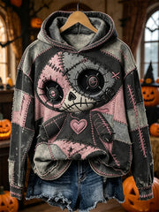 Damen-Halloween-Kapuzenpullover mit gruseligem, genähtem Monster, Color-Block-Patchwork-Print und kuscheliger Passform