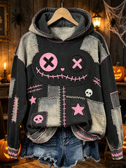 Damen-Halloween-Kapuzenpullover mit gruseligem, genähtem Monster, Color-Block-Patchwork-Print und kuscheliger Passform