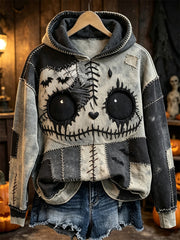 Damen-Halloween-Kapuzenpullover mit gruseligem, genähtem Monster, Color-Block-Patchwork-Print und kuscheliger Passform