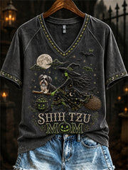 Damen Halloween Bad Witch Shih Tzu Mom Print Kurzarm T-Shirt