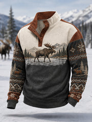 Herren-Winterpullover mit Elchdruck, lässig, mit Knöpfen