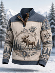 Herren-Winterpullover mit Elchdruck, lässig, mit Knöpfen