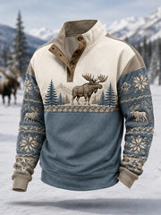 Herren-Winterpullover mit Elchdruck, lässig, mit Knöpfen