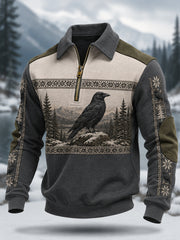 Herren-Pullover mit Raben-Print und Reißverschluss, lässig geschnitten