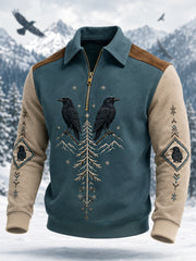 Herren-Pullover mit Raben-Print und Reißverschluss, lässig geschnitten