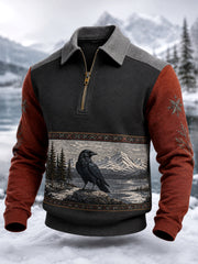 Herren-Pullover mit Raben-Print und Reißverschluss, lässig geschnitten
