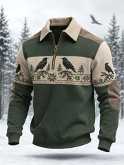 Herren-Pullover mit Raben-Print und Reißverschluss, lässig geschnitten