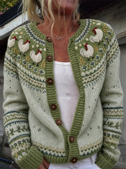 Damen Vintage Farm Hähne Yoke Isle Print Gemütliche Strickjacke