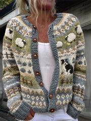 Damen-Vintage-Strickjacke mit Bauernhofmotiv, Border Collie und flauschigen Schafen, kuscheliges Isla-Print-Muster
