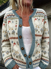 Damen Vintage Farm Hähne Floral Isle Print Gemütliche Strickjacke