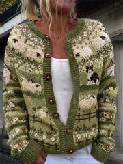 Damen-Vintage-Strickjacke mit Bauernhofmotiv, Border Collie und flauschigen Schafen, kuscheliges Isla-Print-Muster