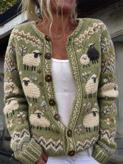 Weiblicher Vintage-Strickcardigan mit kuscheliger Schaf- und Insel-Print-Optik