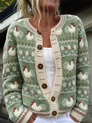 Damen Vintage Farm Hähne Isle Print Gemütliche Strickjacke