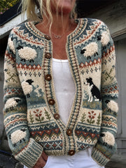 Damen Vintage Farm Border Collie & Fuzzy Sheep Isle Print Gemütliche Strickjacke