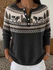 Legere Langarm-Strickjacke mit Kuh muster für Damen