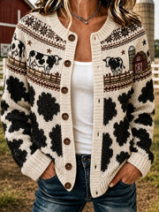 Lässige Strickjacke im Cardigan-Stil mit aufgedrucktem Muster von Bauernkühen für Damen
