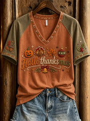 Damen-Hallothanksmas-T-Shirt mit wunderschönem Feiertagsmotiv und kurzen Ärmeln