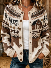 Lässige Strickjacke im Cardigan-Stil mit aufgedrucktem Muster von Bauernkühen für Damen