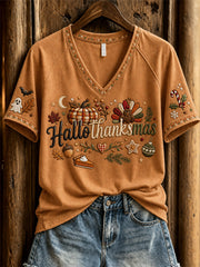 Damen-Hallothanksmas-T-Shirt mit wunderschönem Feiertagsmotiv und kurzen Ärmeln