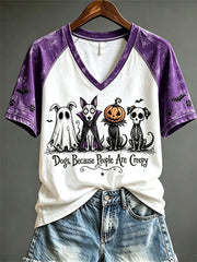 Damen-Hundet-Shirts mit gruseligem Halloween-Print und kurzen Ärmeln