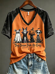 Damen-Hundet-Shirts mit gruseligem Halloween-Print und kurzen Ärmeln