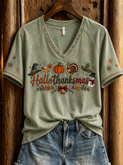 Damen-Hallothanksmas-T-Shirt mit wunderschönem Feiertagsmotiv und kurzen Ärmeln