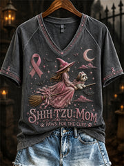 Kurzarm-T-Shirt für Frauen Halloween Shih Tzu Mom Breast Cancer Awareness