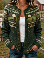 Lässige Strickjacke im Cardigan-Stil mit Damen-Muster und Schafmotiv