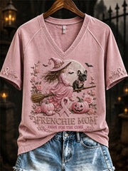 Kurzarm-T-Shirt für Frauen Halloween Frenchie Mom Breast Cancer Awareness