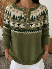 Damen-Strickjacke mit Bauernhof-Schaf-Muster, lässig, langärmlig
