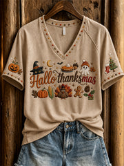Damen-Hallothanksmas-T-Shirt mit wunderschönem Feiertagsmotiv und kurzen Ärmeln