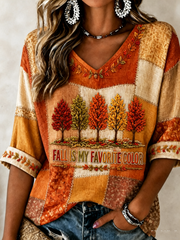 Damen-Herbst-T-Shirt in meinem Lieblingsfarbe, bedruckt, mittellange Ärmel, V-Ausschnitt