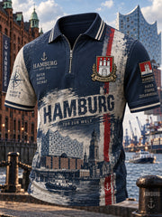Herren Vintage-Polos hirt mit City-Themen-Grafik druck Kurzarm mit Reiß verschluss vorne