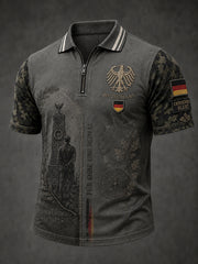 Herren-Poloshirt im Vintage-Stil mit Veteranen-Print, kurzen Ärmeln und durchgehendem Reißverschluss auf der Vorderseite