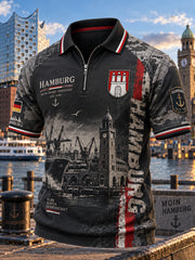 Herren-Poloshirt im Vintage-Stil mit städtischem Grafik-Print und durchgehendem Reißverschluss vorn, kurze Ärmel
