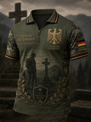 Herren-Poloshirt im Vintage-Stil mit Veteranen-Print, kurzen Ärmeln und durchgehendem Reißverschluss auf der Vorderseite
