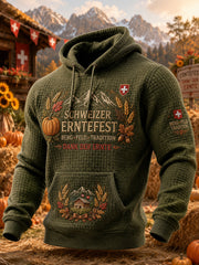 Herren-Kapuzenpullover mit grafischem Erntefest-Print und Waffelstruktur, langärmlig