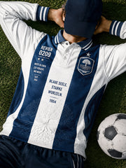 Herren-Deutsche-Bundesliga-Schalke-Fußball-Poloshirt mit gestreiftem Print und langen Ärmeln, lässig geschnitten