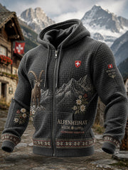 Herren-Kapuzen pullover mit Alpen-Berg-Motto Waffel-Strick mit Reiß verschluss