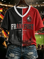 Damen-Eintracht-Frankfurt-V-Ausschnitt-Off‑Shoulder-T-Shirt mit kurzen Ärmeln