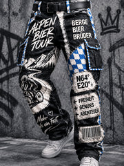 Herrenhose in Schwarz mit Patchwork-Print für den Alltag und die Arbeit, Münchner Oktoberfest‑Style