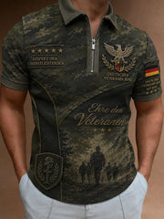 Herren-Poloshirt mit kurzen Ärmeln und durchgehendem Reißverschluss vorn, mit Vintage-Camouflage- und Militär-Style-Prints