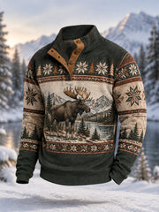 Herren-Winterpullover mit Elchdruck, lässig, mit Knöpfen