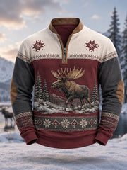 Herren-Winterpullover mit Elchdruck und Reißverschluss, lässig geschnitten